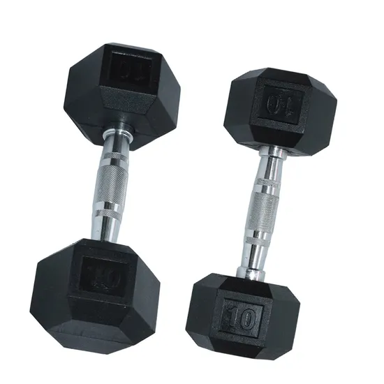 Set di manubri esagonali in ferro per articoli sportivi. Attrezzatura per fitness da palestra commerciale. Manubri esagonali in gomma nera